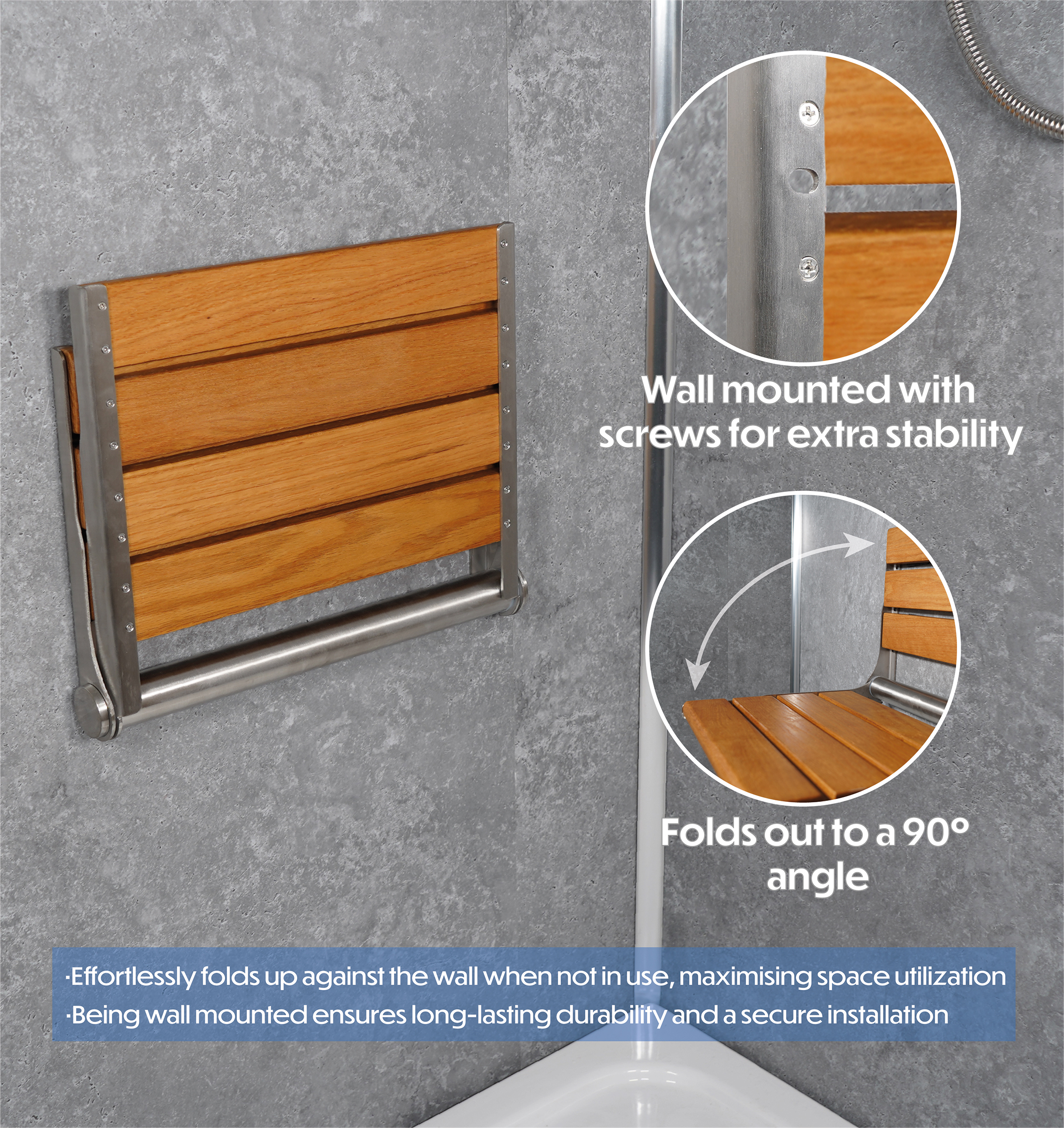 Wooden Slatted Shower Seat in Oak - Image 5