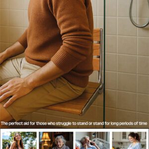 Wooden Slatted Shower Seat in Oak - Image 7