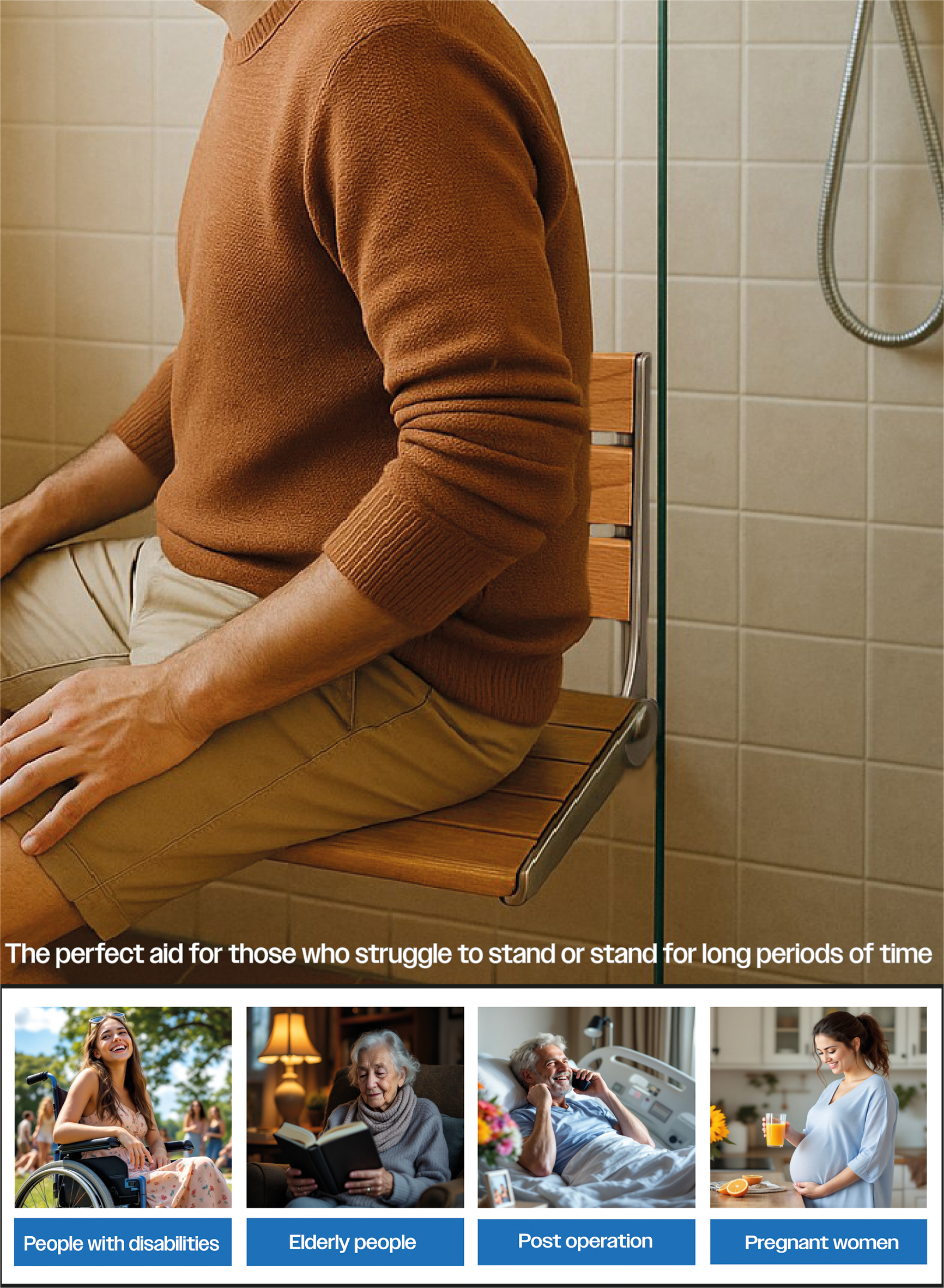 Wooden Slatted Shower Seat in Oak - Image 7