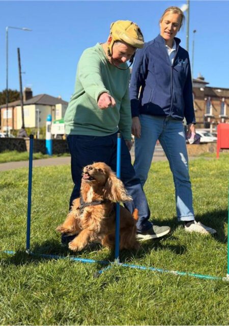 A person in a helmet points as a brown dog jumps through blue agility poles on grass, whilst another person stands nearby.