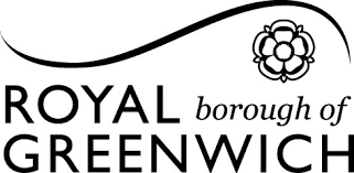 Logo for the Royal Borough of Greenwich with a stylised rose and curved line above the text.