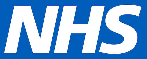 NHS logo with bold white letters on a blue rectangular background.