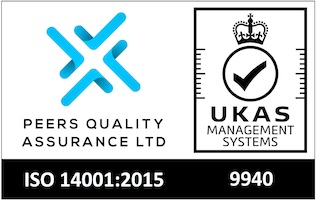 Logo for Peers Quality Assurance Ltd alongside the UKAS Management Systems mark, with text stating ISO 14001:2015 and the number 9940.