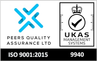 Peers Quality Assurance Ltd and UKAS Management Systems logos, with ISO 9001:2015 certification and code 9940 displayed below.