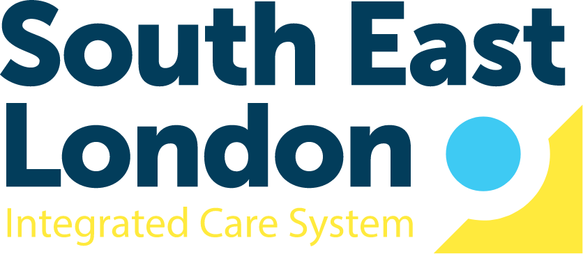 South East London Integrated Care System logo with bold text and a blue circle on a yellow and white background.