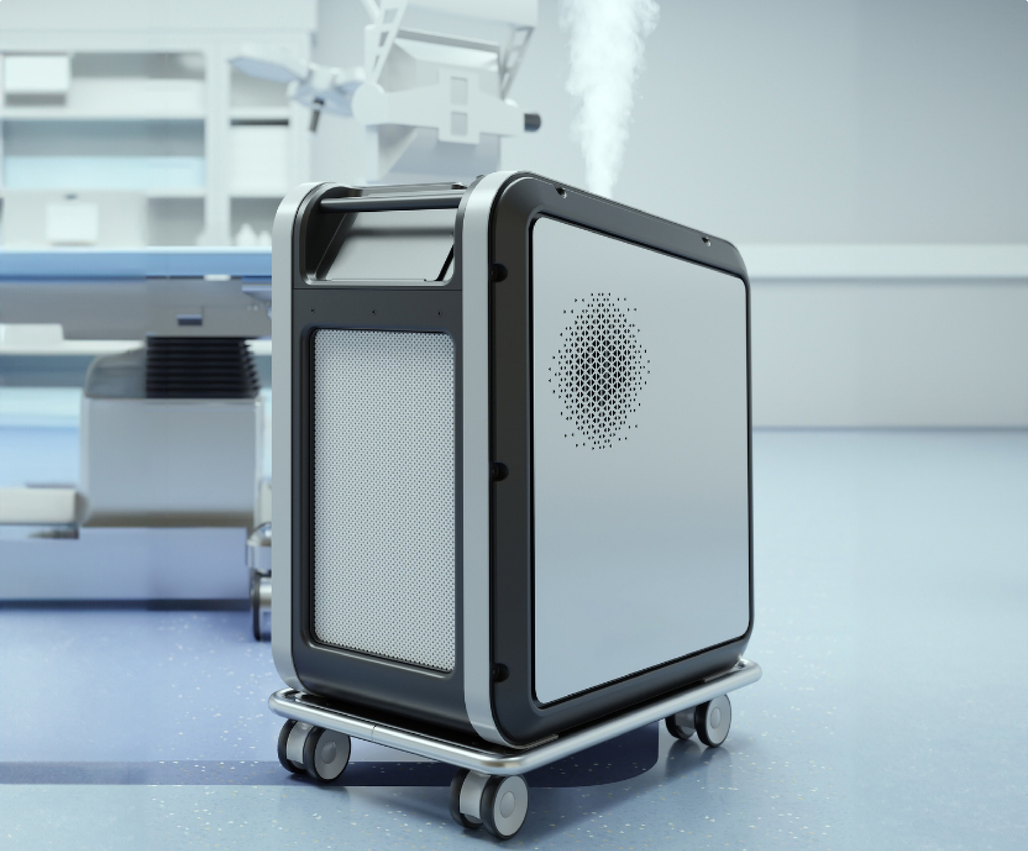 A medical-grade air purifier on wheels emits a visible stream of vapour in a hospital or laboratory setting.