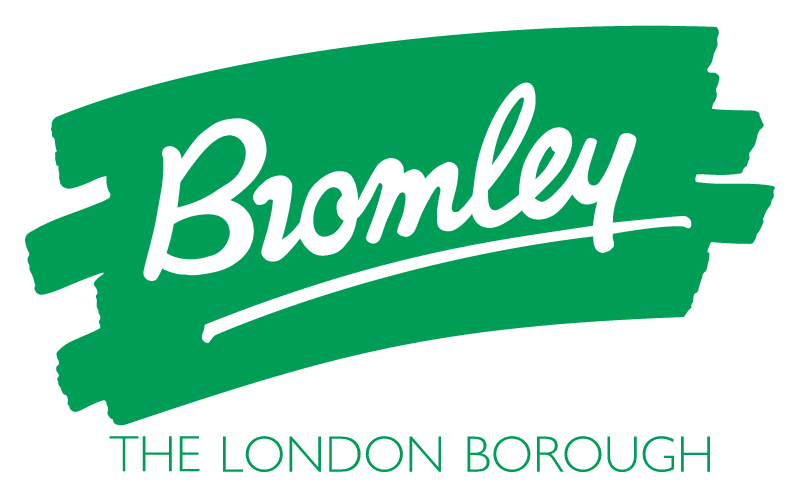 Green brushstroke graphic with the handwritten word "Bromley" in white and the text "THE LONDON BOROUGH" in green capital letters below.