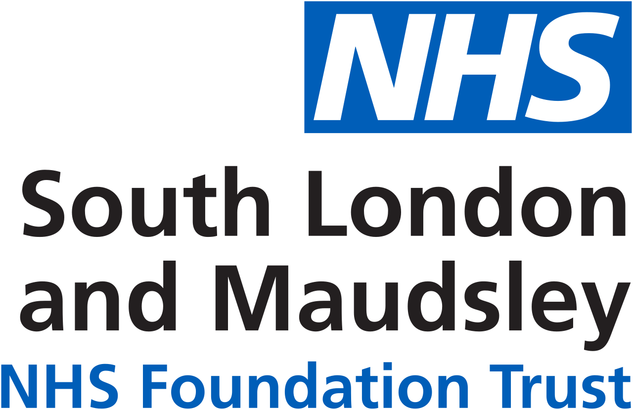Logo of the NHS South London and Maudsley NHS Foundation Trust, with the NHS logo in blue and white above the trust’s name in black and blue text.