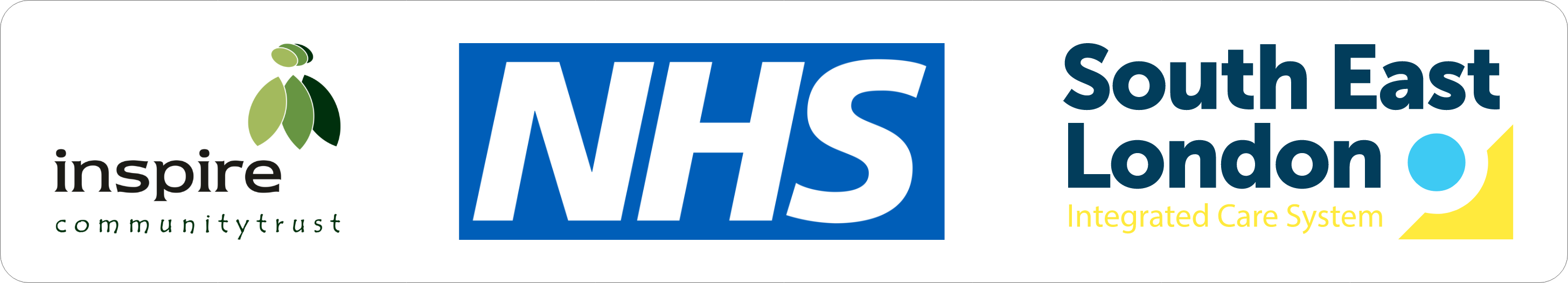 Logos for Inspire Community Trust, NHS, and South East London Integrated Care System displayed side by side.